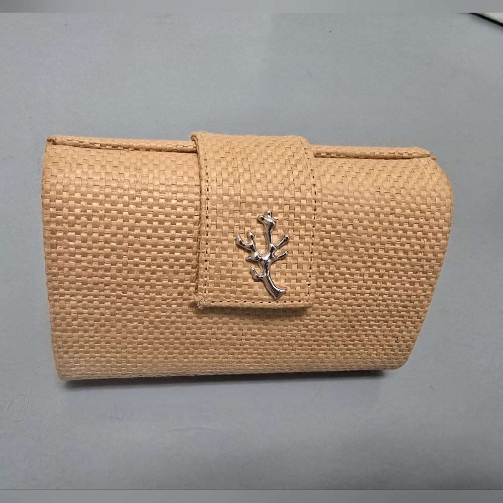 Chic Woven Tan Clutch with Silver Accent